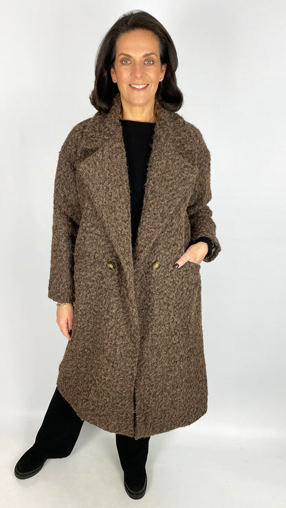 Double breasted fuzzy knit coat | Brown