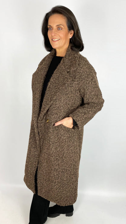 Double breasted fuzzy knit coat | Brown