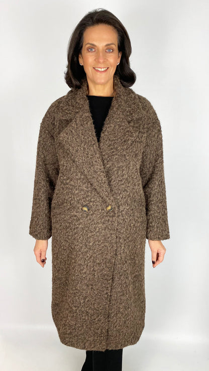 Double breasted fuzzy knit coat | Brown