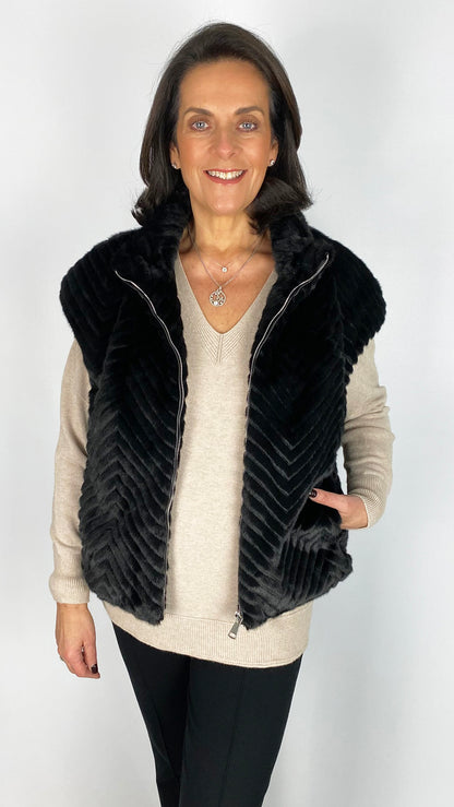 Zip-up ribbed faux fur gilet | Black | by Malissa J