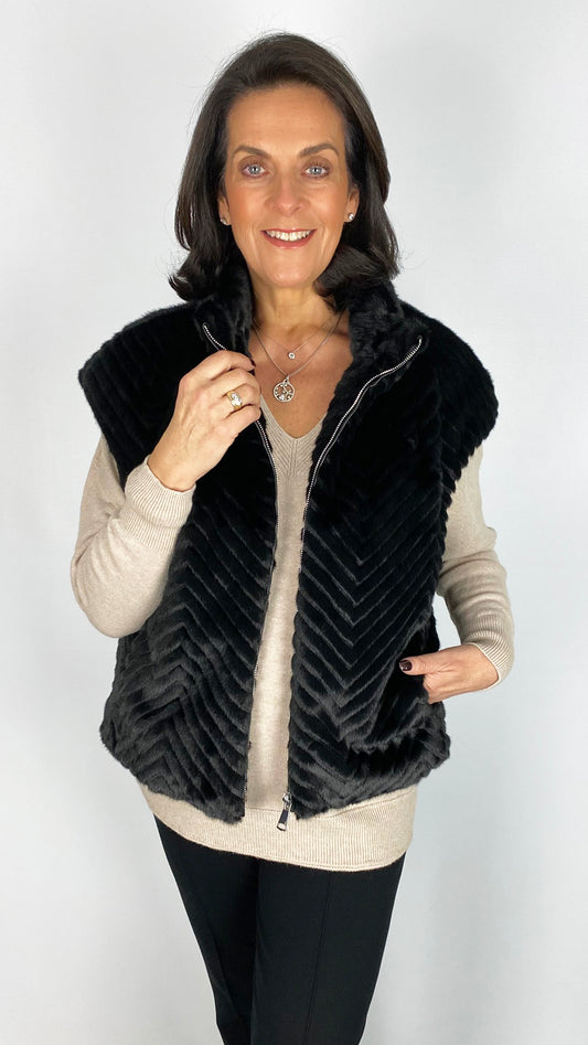 Zip-up ribbed faux fur gilet | Black | by Malissa J
