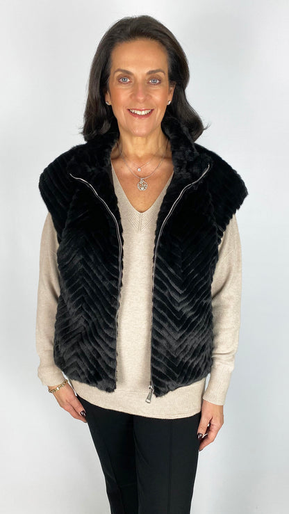 Zip-up ribbed faux fur gilet | Black | by Malissa J