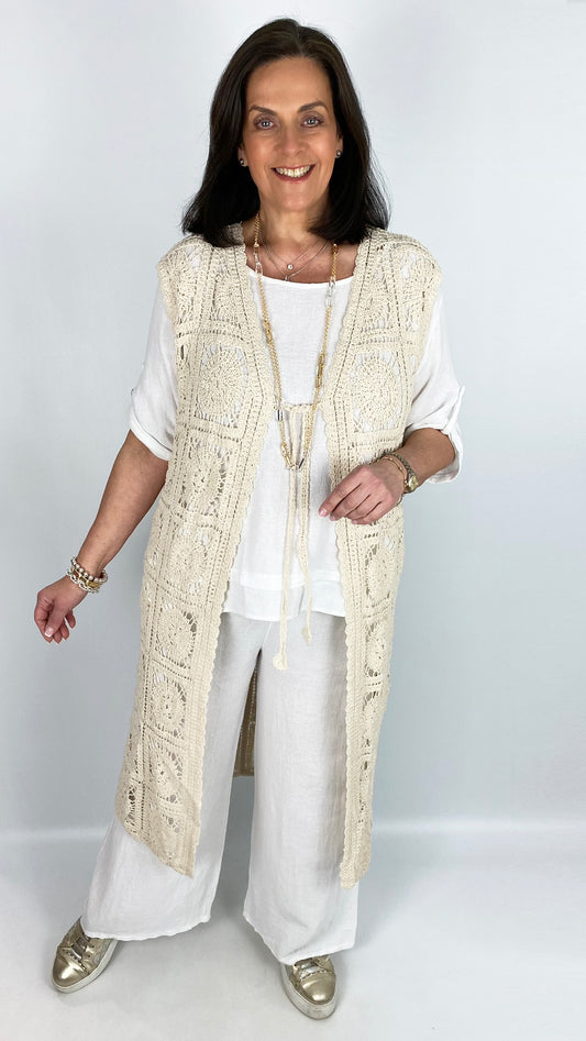 Crochet tie front longline waistcoat | 2 Colours | last 1s