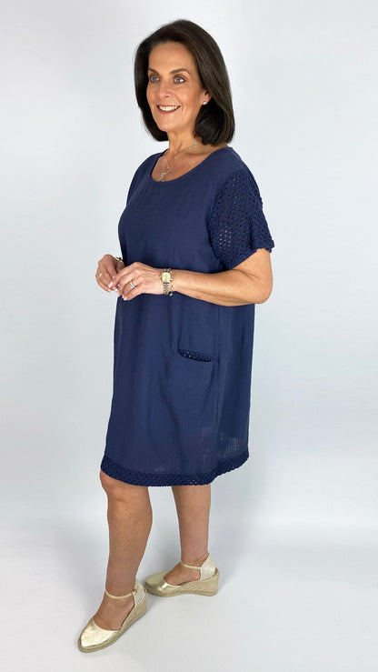 Crochet sleeve & hem cotton pocket dress | 5 Colours | back in!