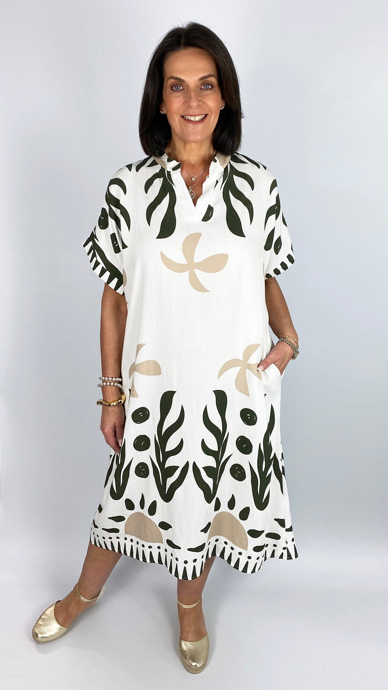Marine print mandarin-collar pocket dress | 4 Colours | last 1