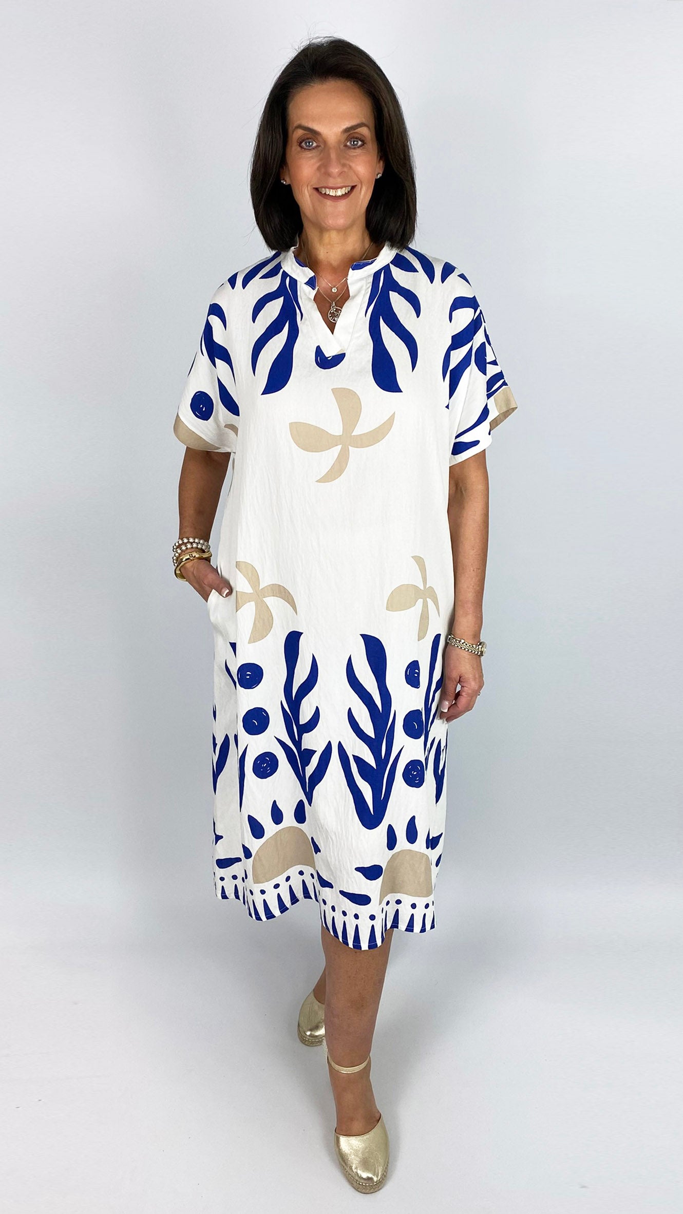 Marine print mandarin-collar pocket dress | 4 Colours | last 1