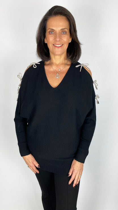 Cold-shoulder diamante 3D bow batwing jumper | 3 Colours