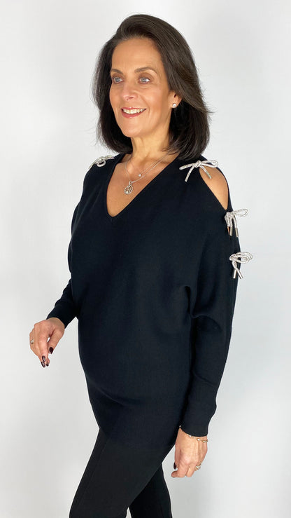 Cold-shoulder diamante 3D bow batwing jumper | 3 Colours