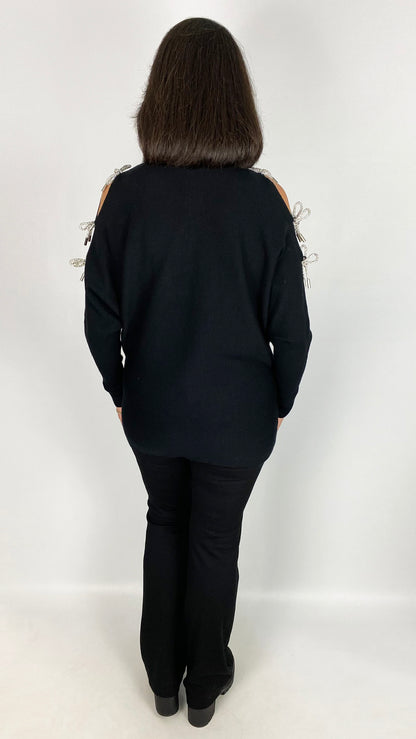 Cold-shoulder diamante 3D bow batwing jumper | 3 Colours