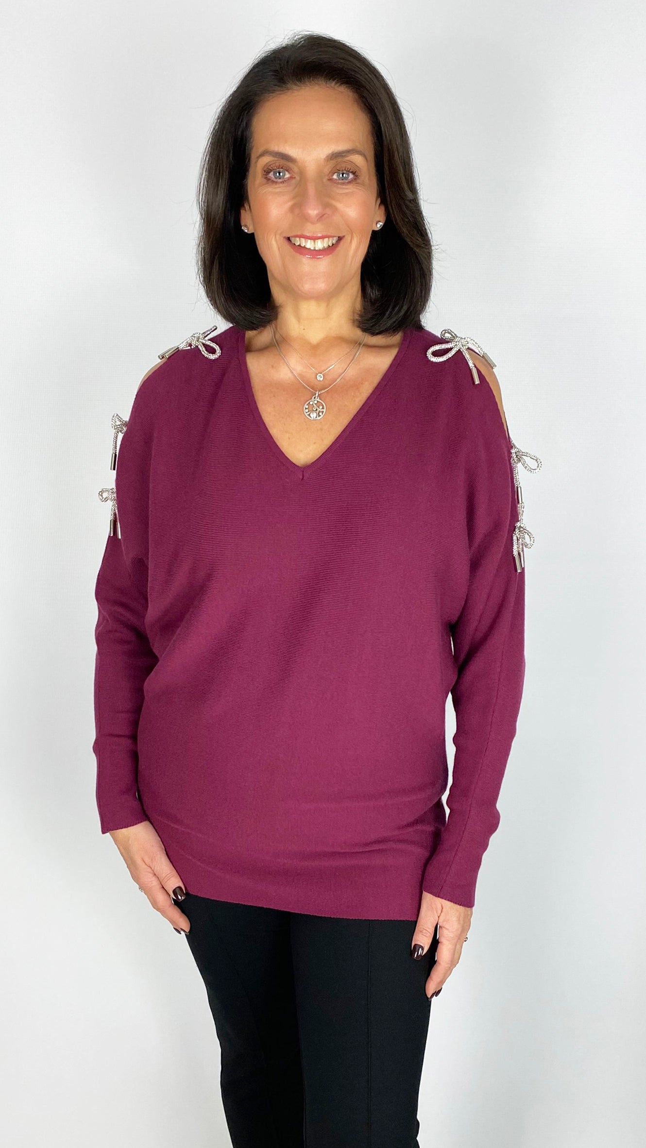 Cold-shoulder diamante 3D bow batwing jumper | 3 Colours