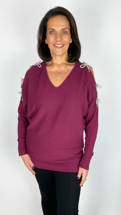 Cold-shoulder diamante 3D bow batwing jumper | 3 Colours