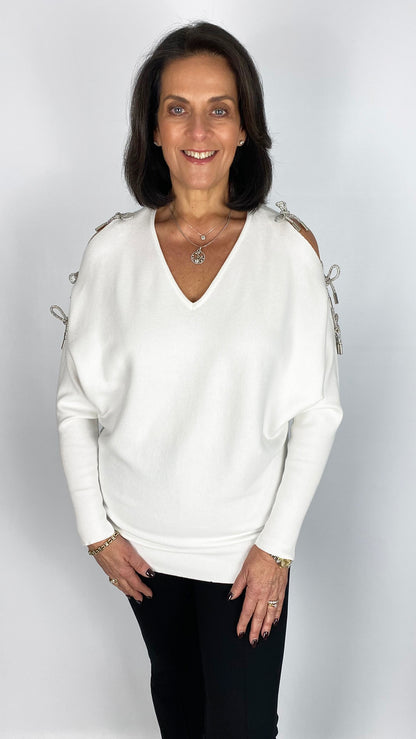 Cold-shoulder diamante 3D bow batwing jumper | 3 Colours