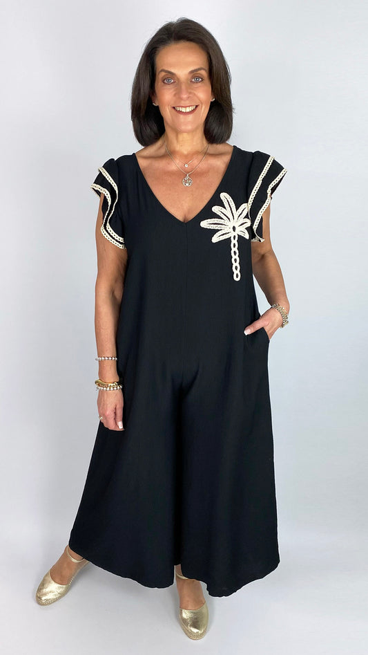 Embroidered palm tree frill shoulder wide-leg jumpsuit | 3 Colours | last 1