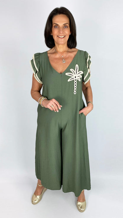Embroidered palm tree frill shoulder wide-leg jumpsuit | 3 Colours | last 1