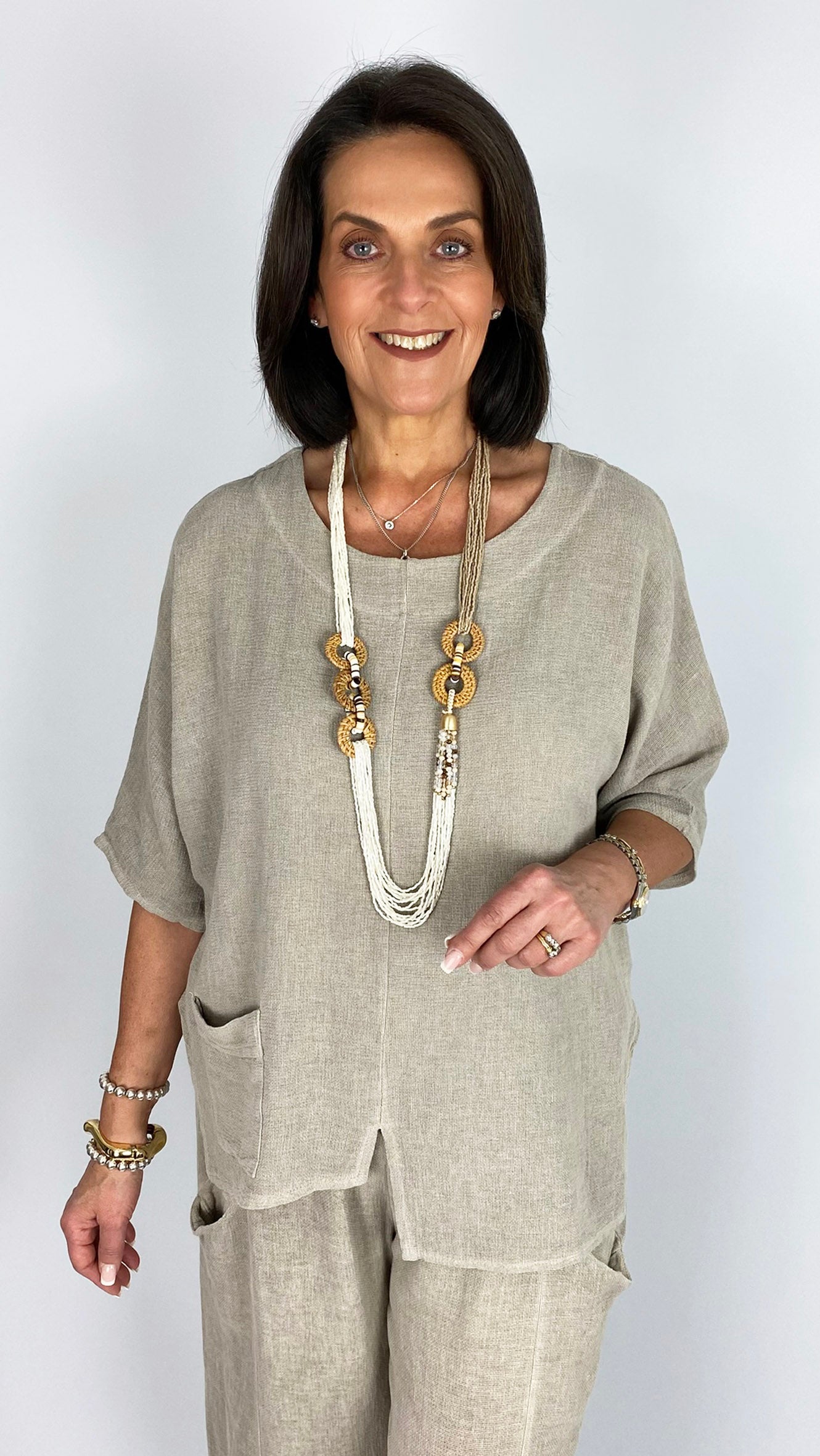 Cotton & linen mix uneven hem one-pocket top | 4 Colours