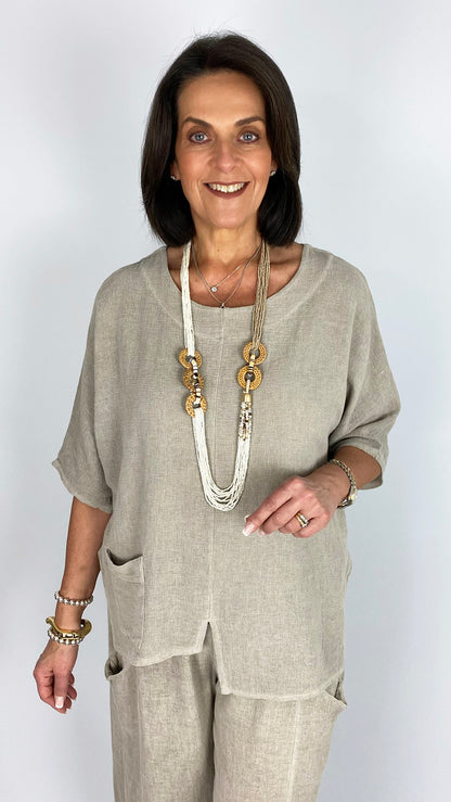 Cotton & linen mix uneven hem one-pocket top | 4 Colours