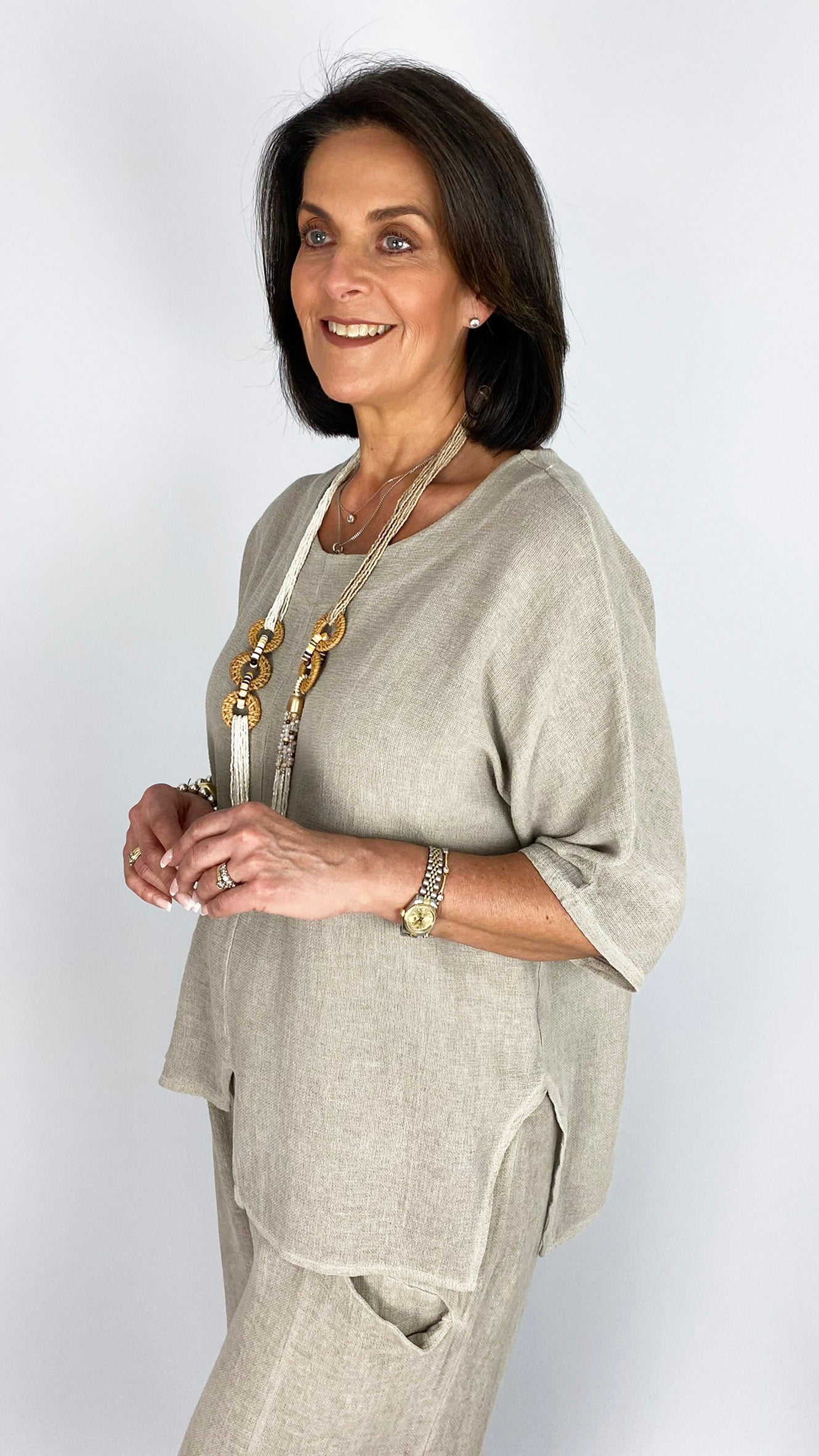 Cotton & linen mix uneven hem one-pocket top | 4 Colours