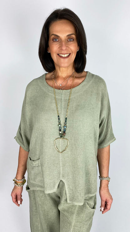 Cotton & linen mix uneven hem one-pocket top | 4 Colours
