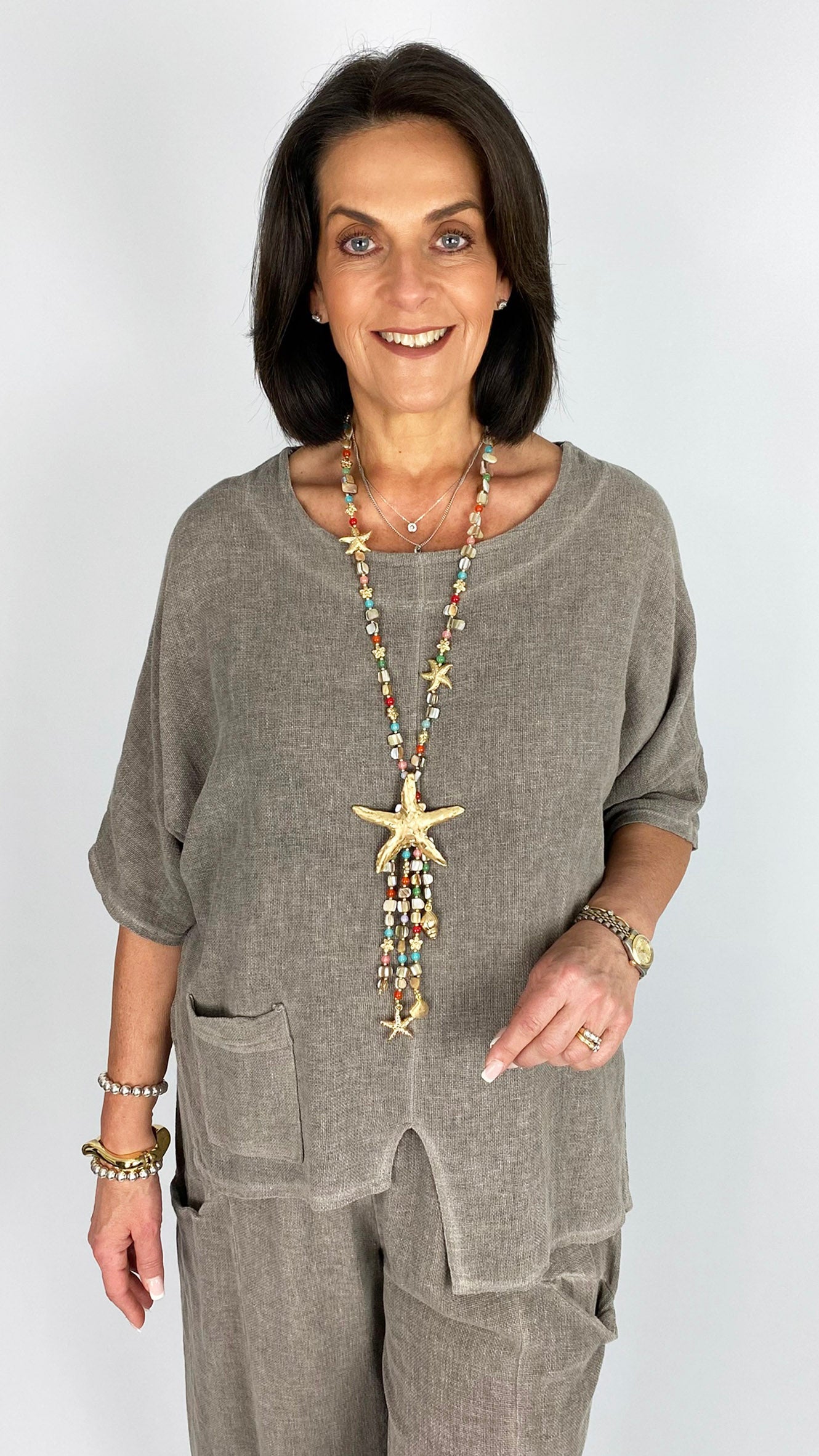 Cotton & linen mix uneven hem one-pocket top | 4 Colours