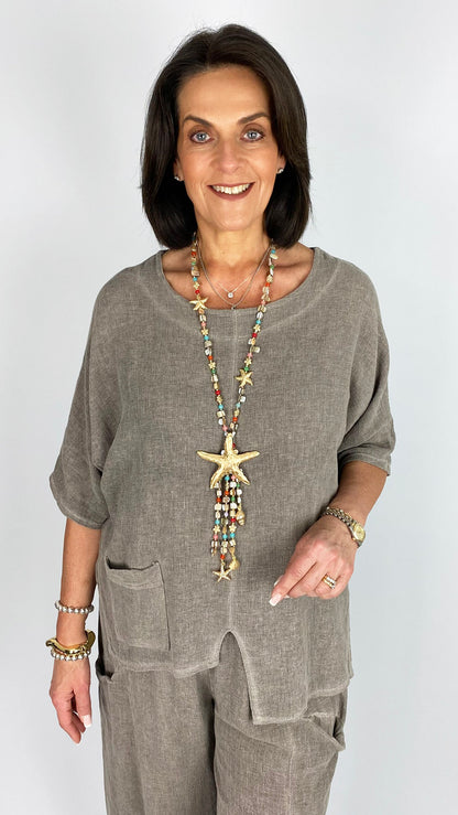 Cotton & linen mix uneven hem one-pocket top | 4 Colours