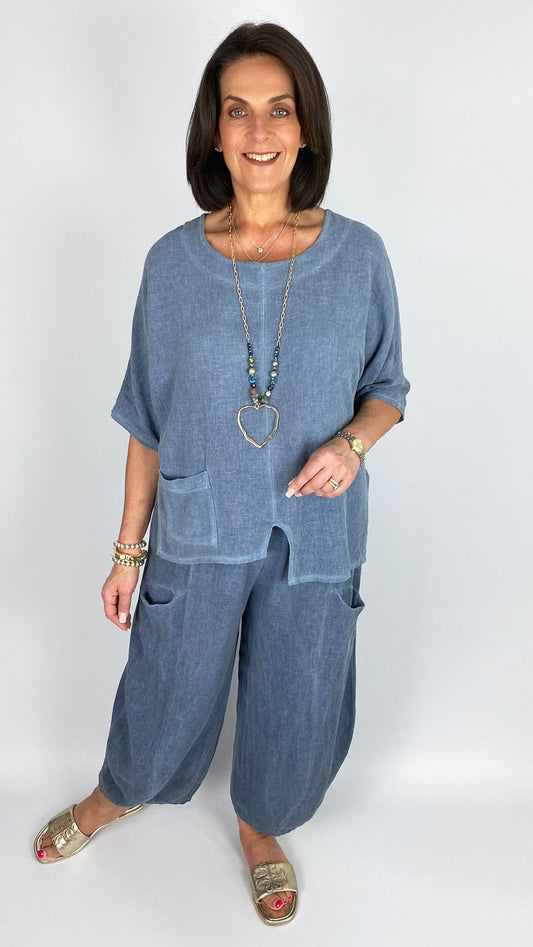Cotton & linen mix uneven hem one-pocket top | 4 Colours