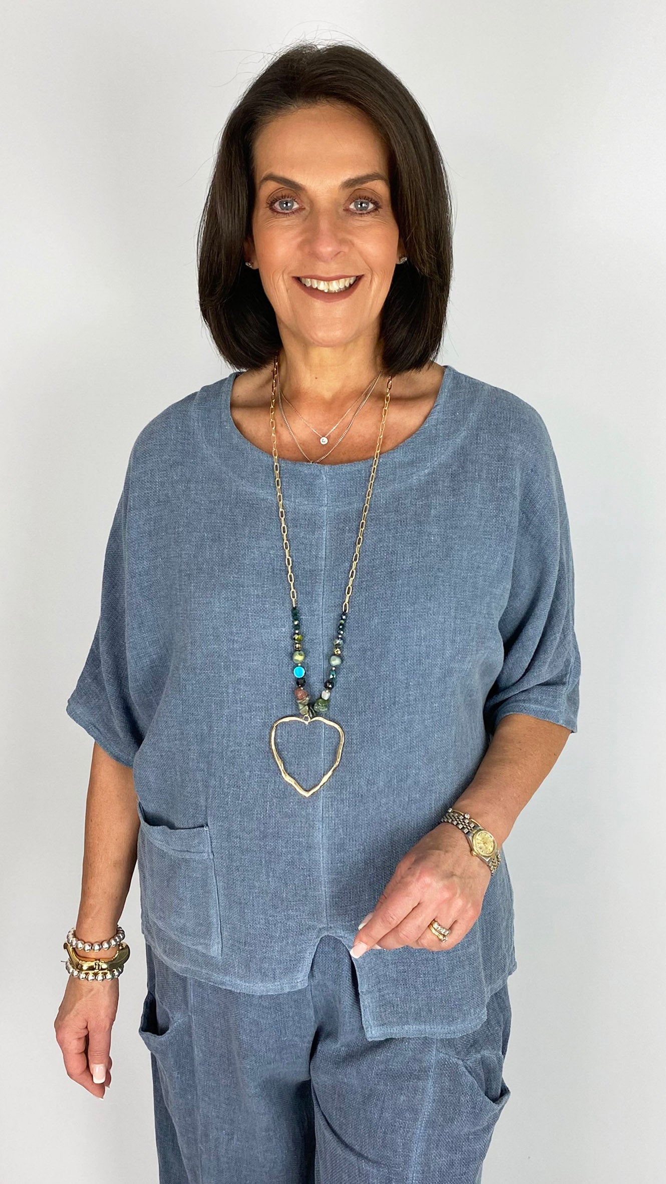 Cotton & linen mix uneven hem one-pocket top | 4 Colours