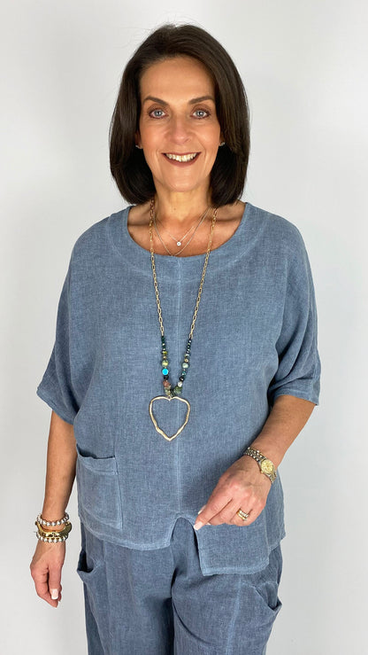 Cotton & linen mix uneven hem one-pocket top | 4 Colours