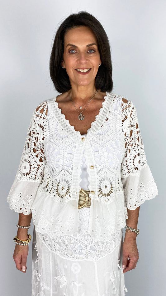Crochet & embroidered button-through cardi | 4 Colours