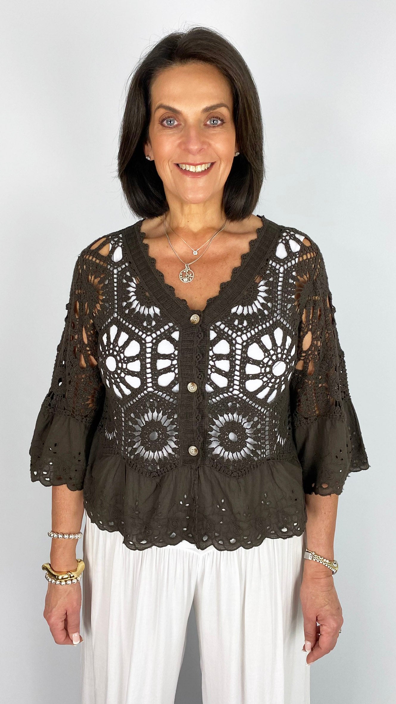 Crochet & embroidered button-through cardi | 4 Colours