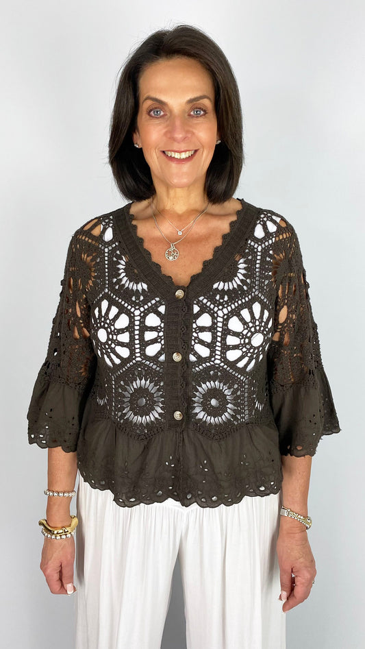 Crochet & embroidered button-through cardi | 6 Colours