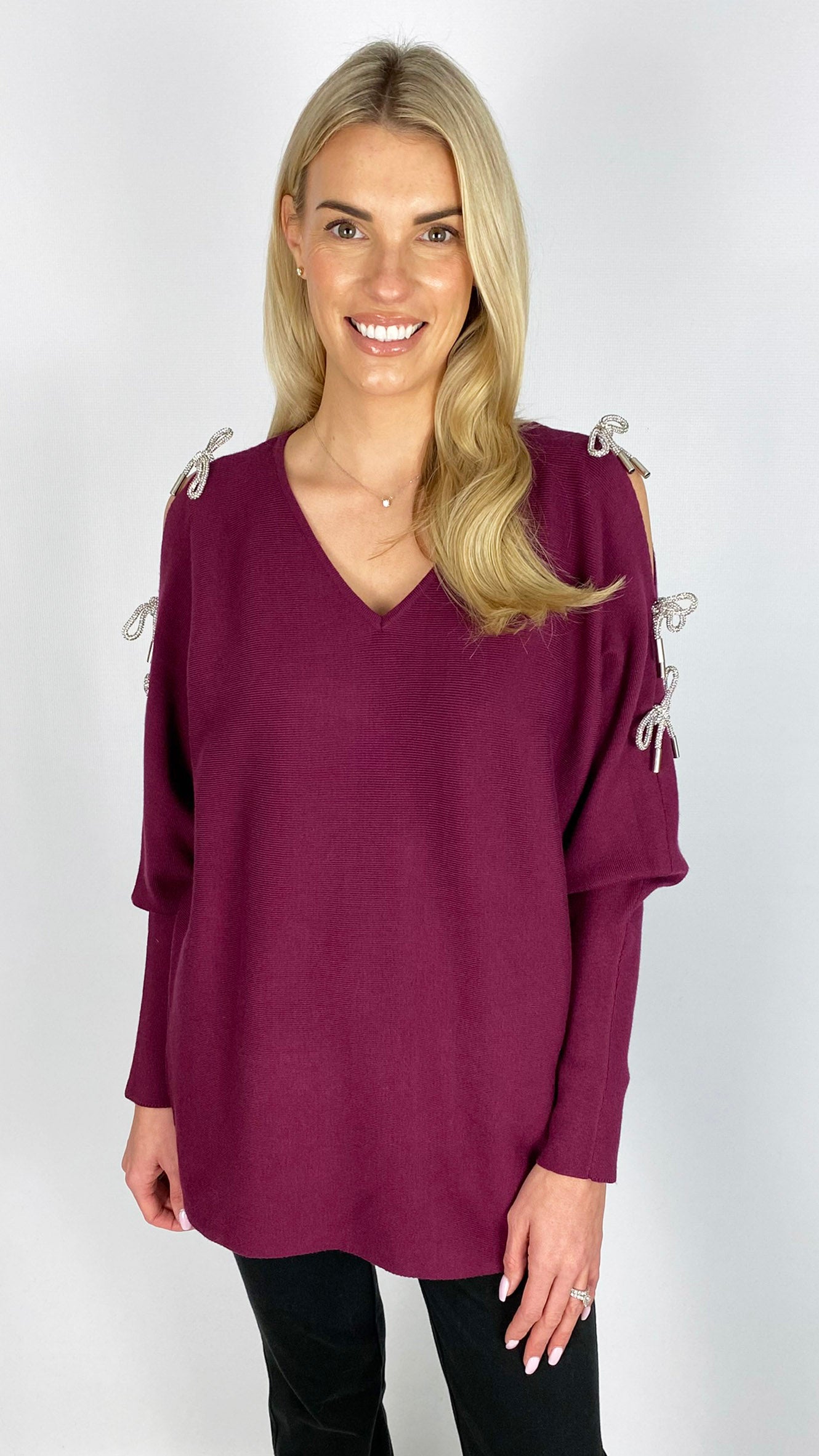 Cold-shoulder diamante 3D bow batwing jumper | 3 Colours