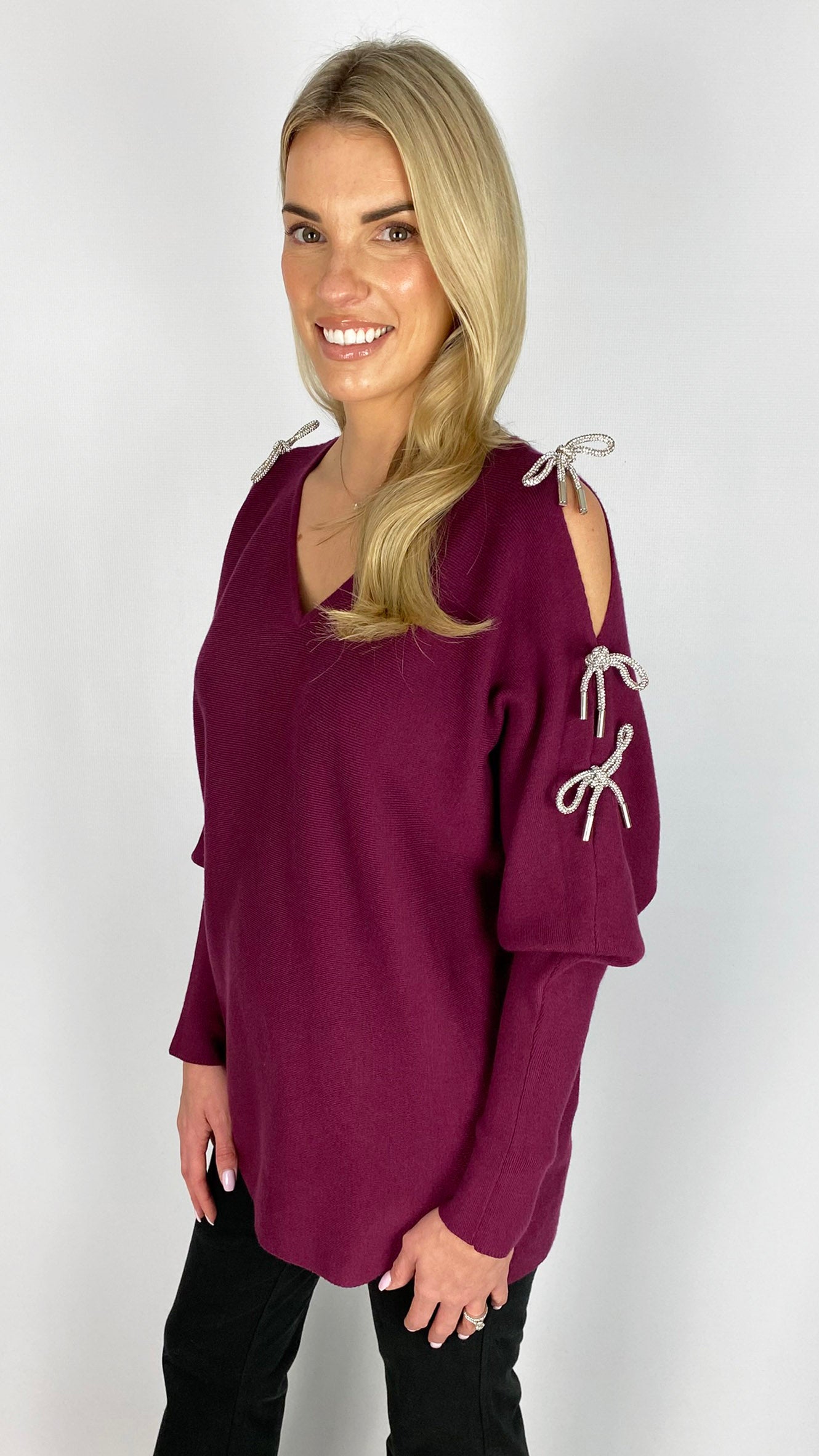 Cold-shoulder diamante 3D bow batwing jumper | 3 Colours