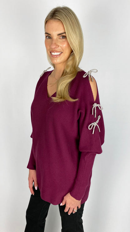Cold-shoulder diamante 3D bow batwing jumper | 3 Colours