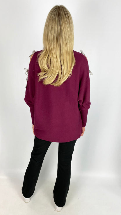 Cold-shoulder diamante 3D bow batwing jumper | 3 Colours