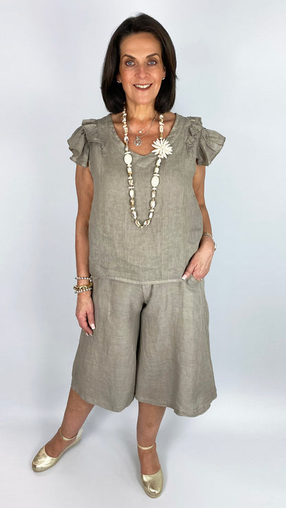 Linen frill shoulder sleeveless v-neck top | 4 Colours
