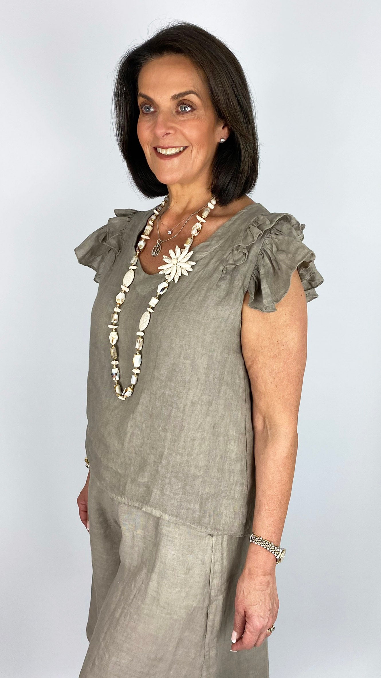 Linen frill shoulder sleeveless v-neck top | 4 Colours