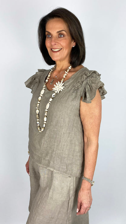 Linen frill shoulder sleeveless v-neck top | 4 Colours