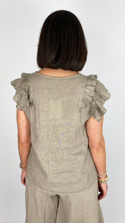 Linen frill shoulder sleeveless v-neck top | 4 Colours