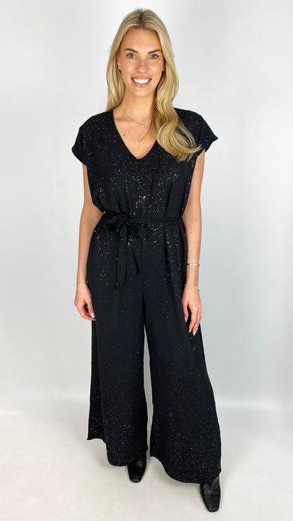 Sparkle tie waist jumpsuit | Black