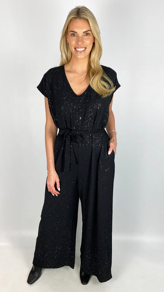 Sparkle tie waist jumpsuit | Black