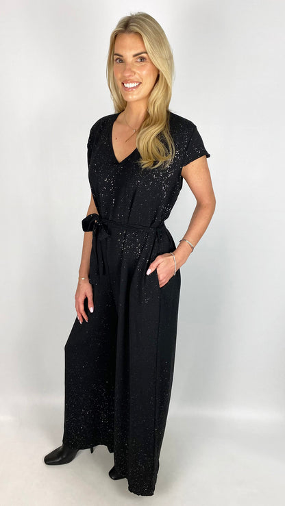 Sparkle tie waist jumpsuit | Black
