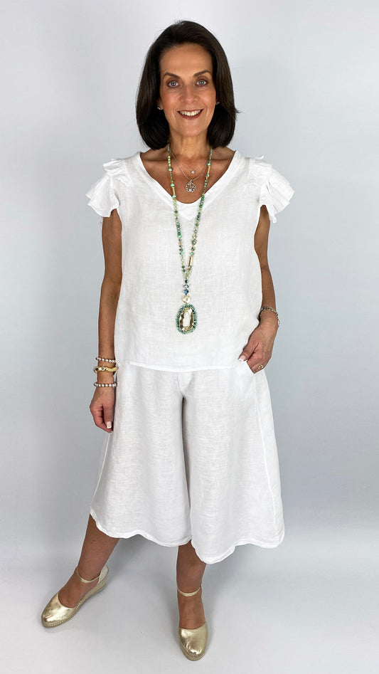 Linen frill shoulder sleeveless v-neck top | 4 Colours