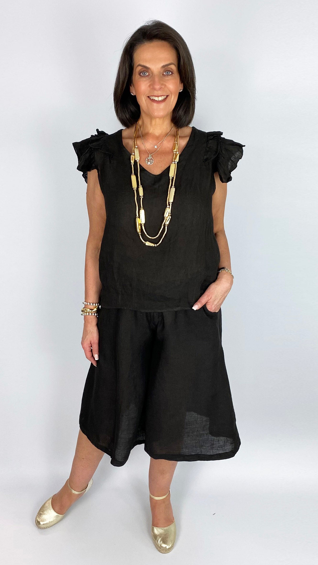 Linen frill shoulder sleeveless v-neck top | 4 Colours
