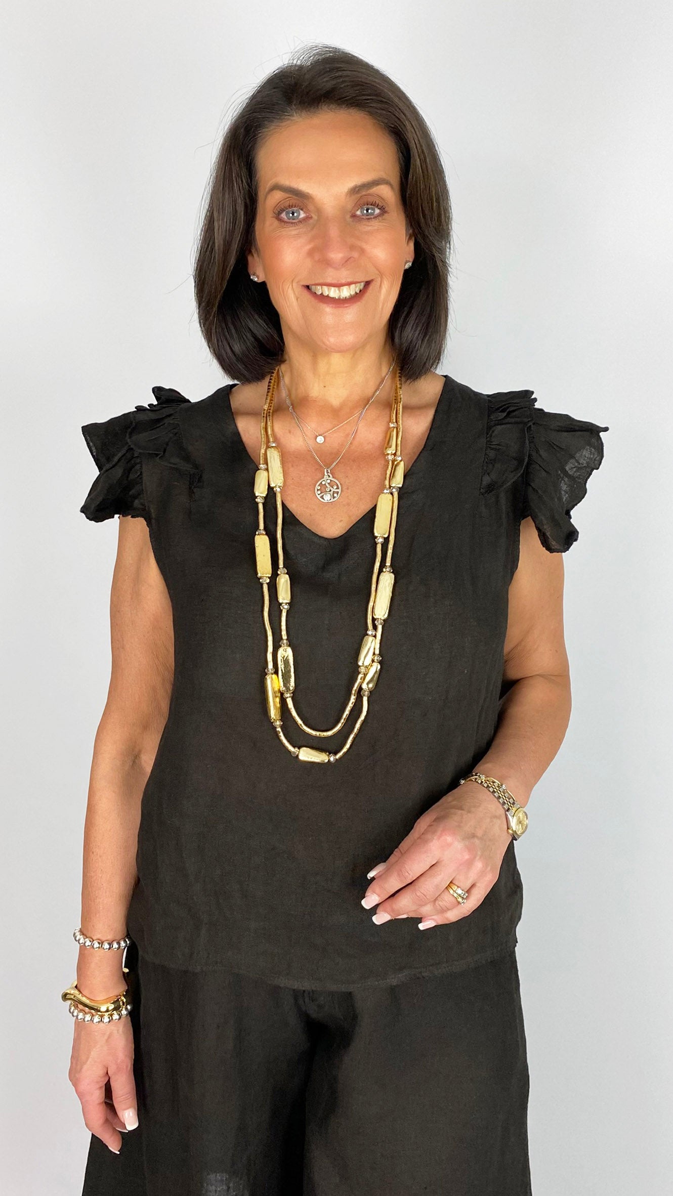 Linen frill shoulder sleeveless v-neck top | 4 Colours