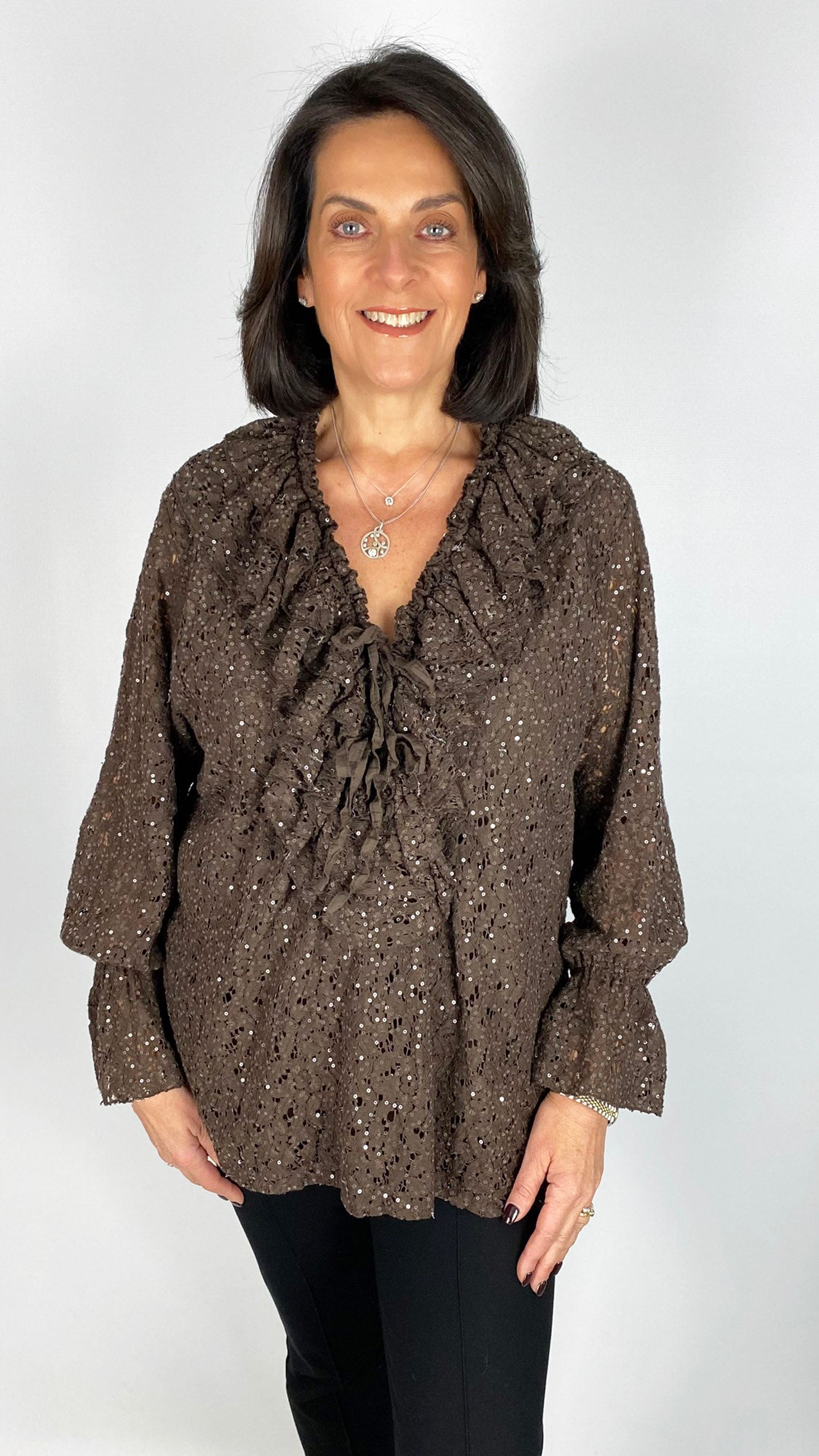 Lace & sequin tie & frill front blouse | 3 Colours