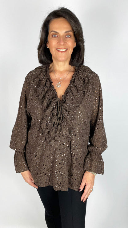 Lace & sequin tie & frill front blouse | 3 Colours
