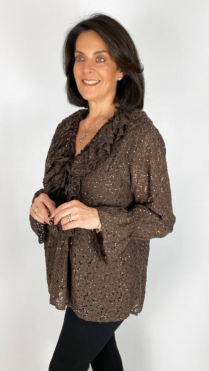 Lace & sequin tie & frill front blouse | 3 Colours