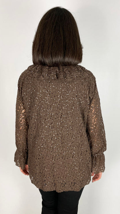 Lace & sequin tie & frill front blouse | 3 Colours