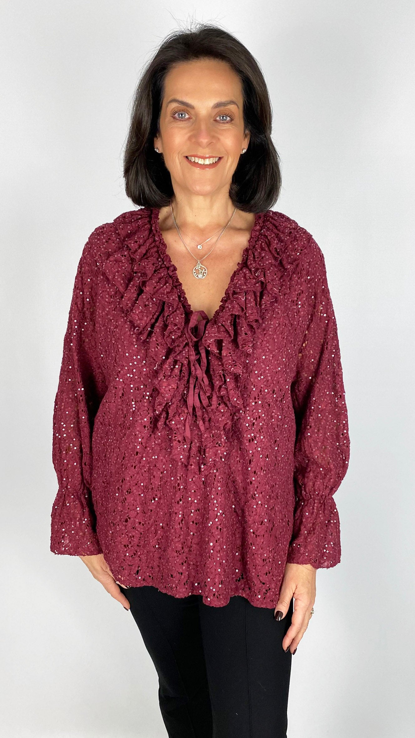 Lace & sequin tie & frill front blouse | 3 Colours