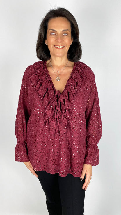 Lace & sequin tie & frill front blouse | 3 Colours